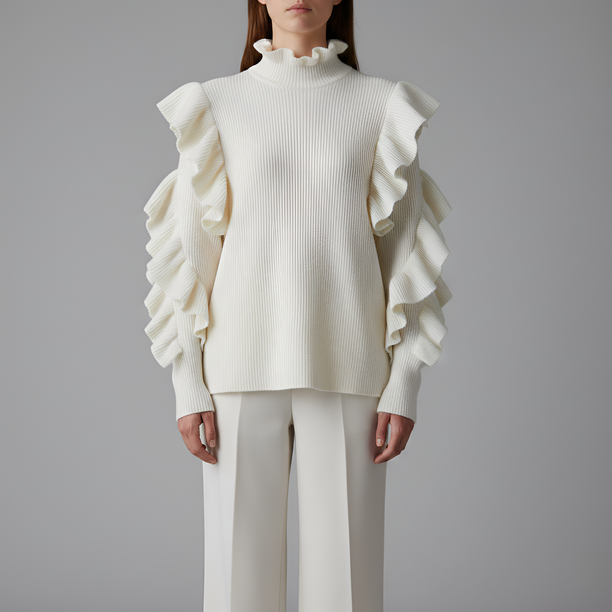 Ella - White Ruffle Sweater