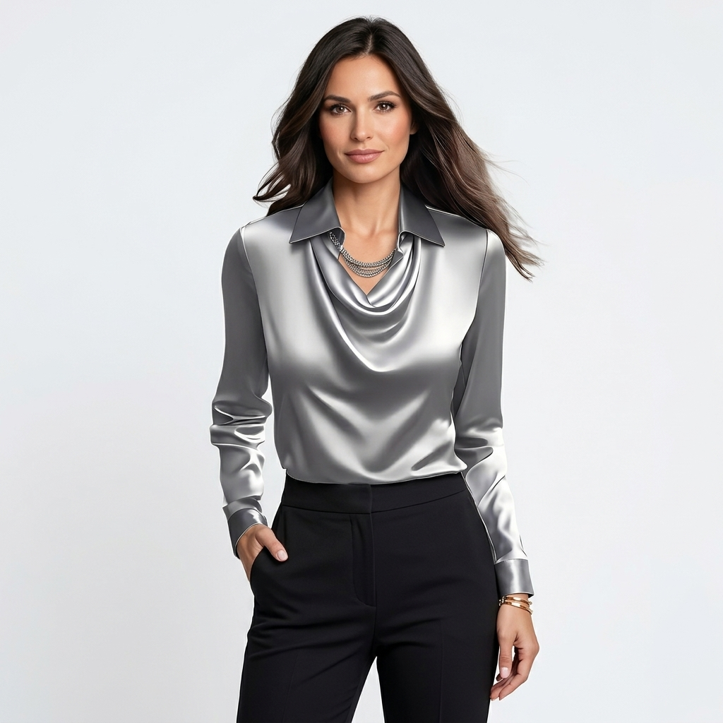 Women’s Long Sleeve Satin Blouse – Collared Cowl Neck Work Top