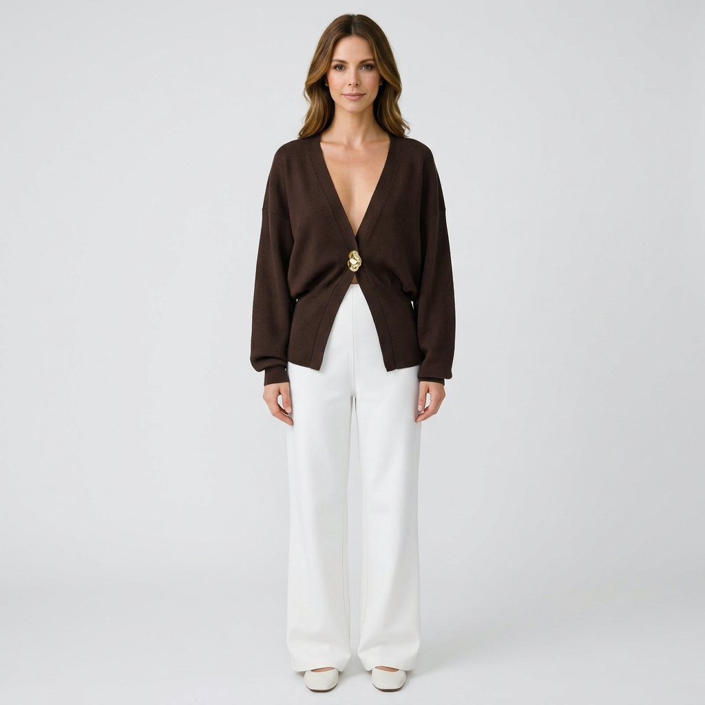 Women’s V Neck Knit Cardigan Statement Clasp – Long Sleeve Elegant Top
