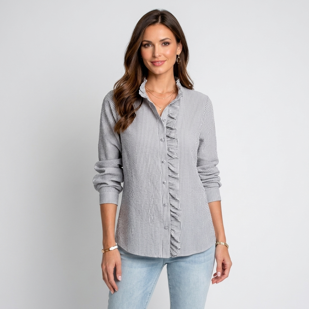 Women’s Ruffle Button Down Shirt – Long Sleeve Striped Collared Blouse