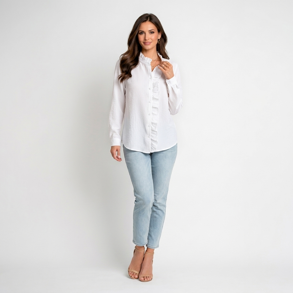 Women’s Ruffle Button Down Shirt – Long Sleeve Striped Collared Blouse